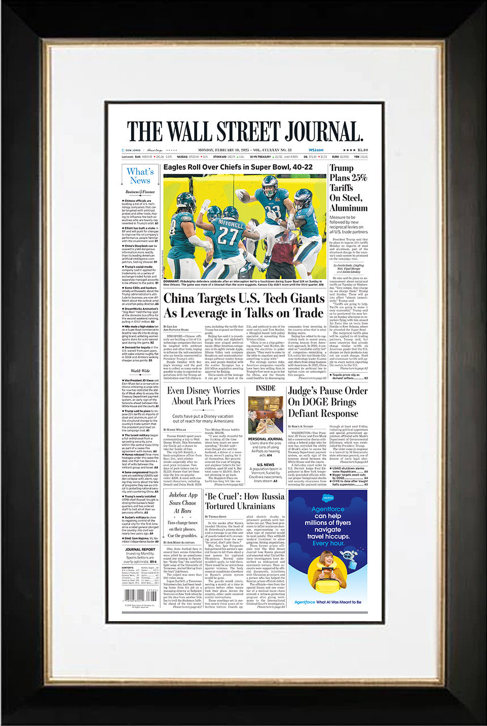 Eagles Roll Over Chiefs in Super Bowl, 40-22 | The Wall Street Journal, Framed Reprint, February 10, 2025