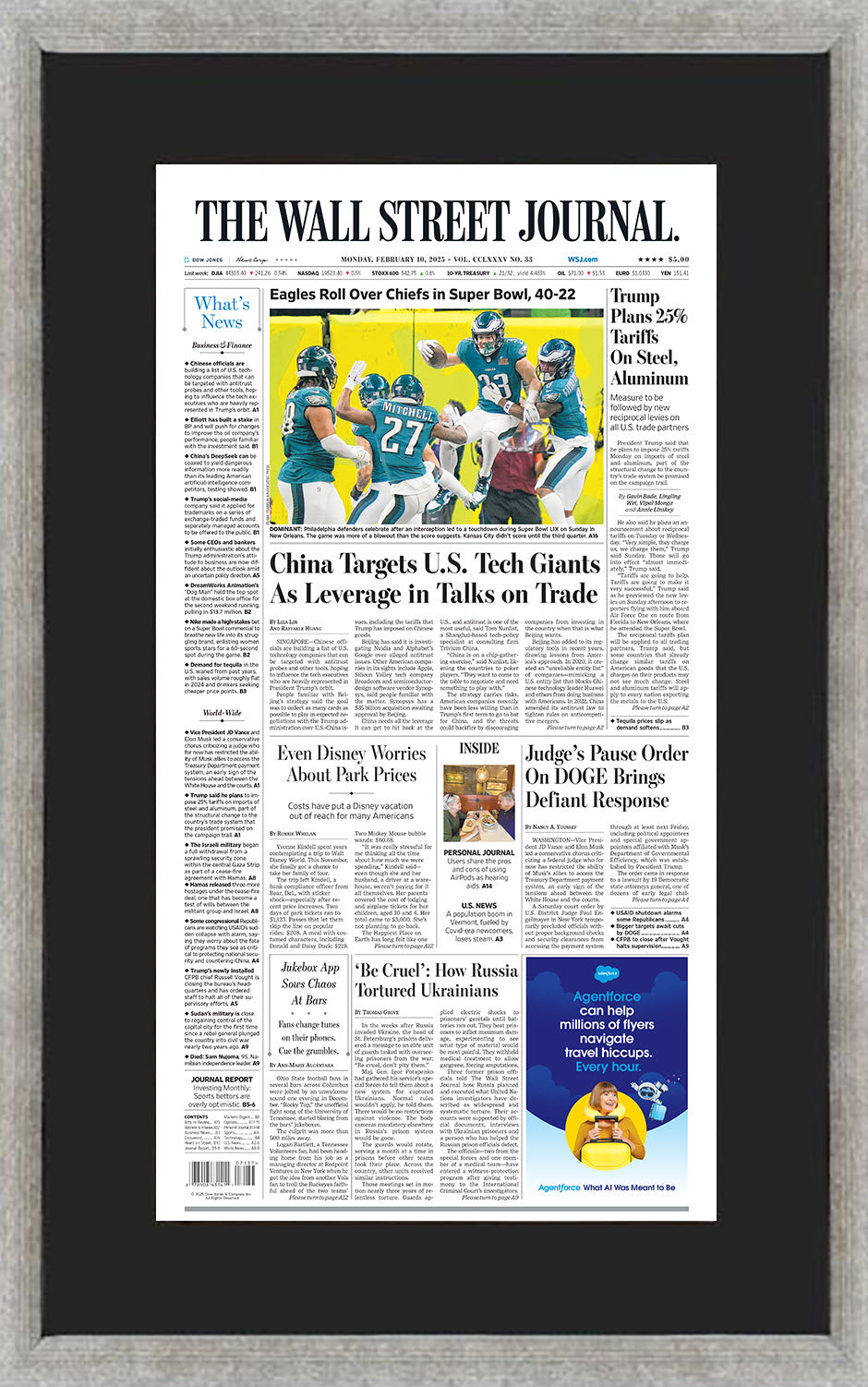 Eagles Roll Over Chiefs in Super Bowl, 40-22 | The Wall Street Journal, Framed Reprint, February 10, 2025
