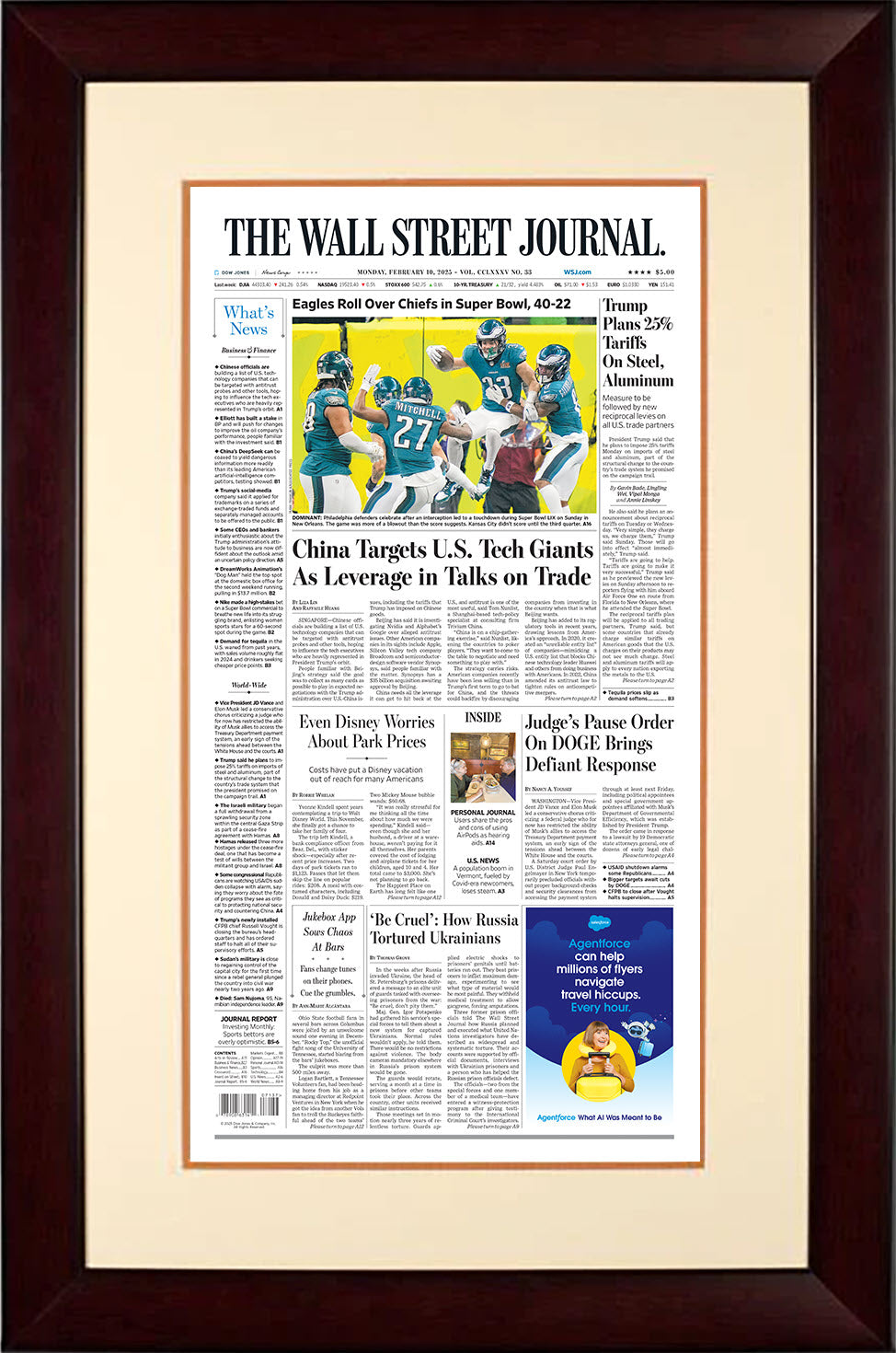 Eagles Roll Over Chiefs in Super Bowl, 40-22 | The Wall Street Journal, Framed Reprint, February 10, 2025