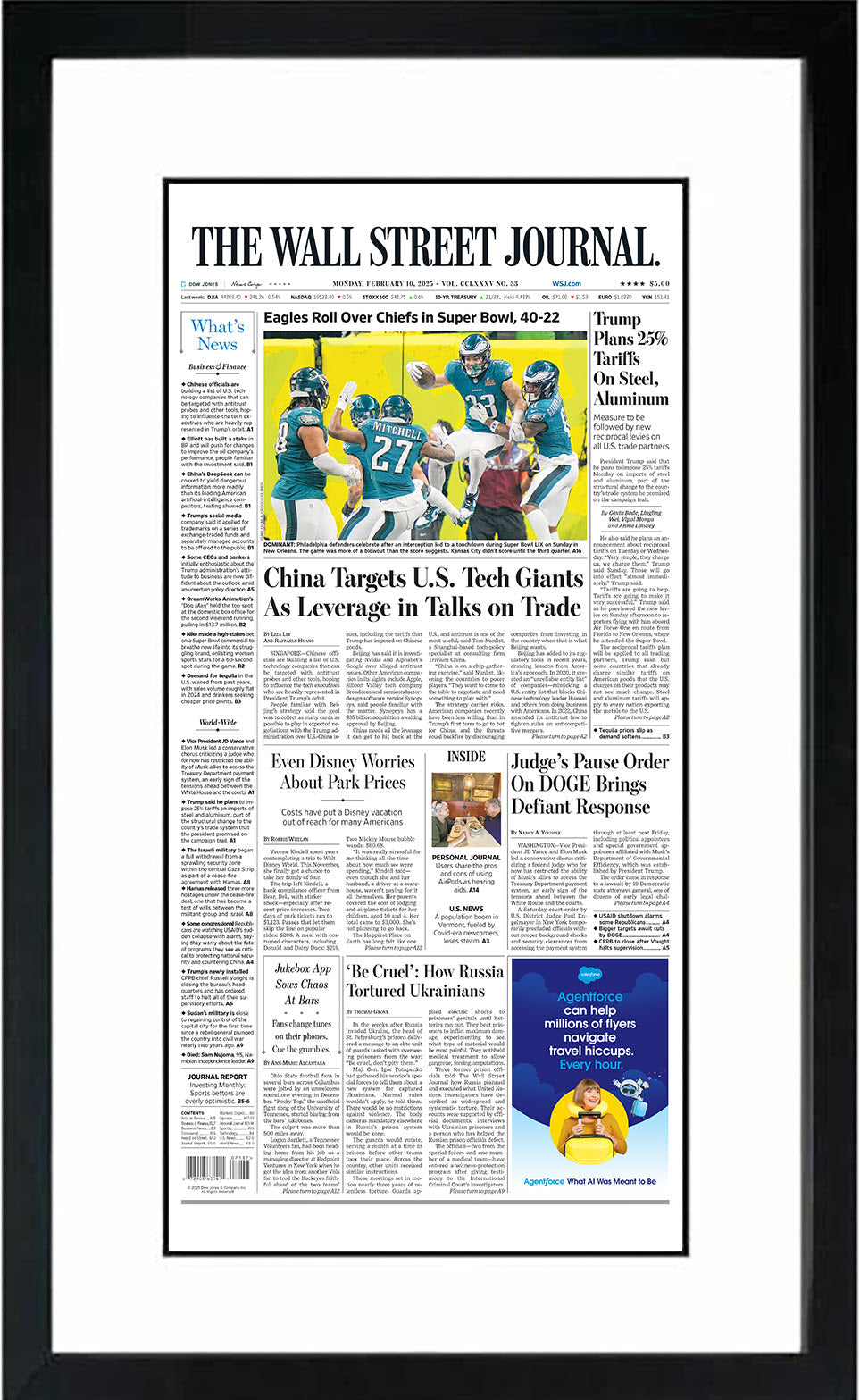 Eagles Roll Over Chiefs in Super Bowl, 40-22 | The Wall Street Journal, Framed Reprint, February 10, 2025
