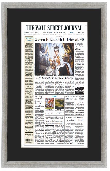 Queen Elizabeth II Dies at 96 | The Wall Street Journal, Framed Reprint, September 9, 2022