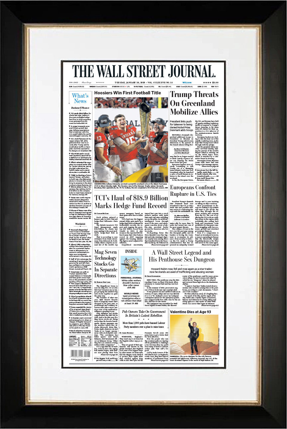 Hoosiers Win First Football Title | The Wall Street Journal, Framed Reprint, January 20, 2026