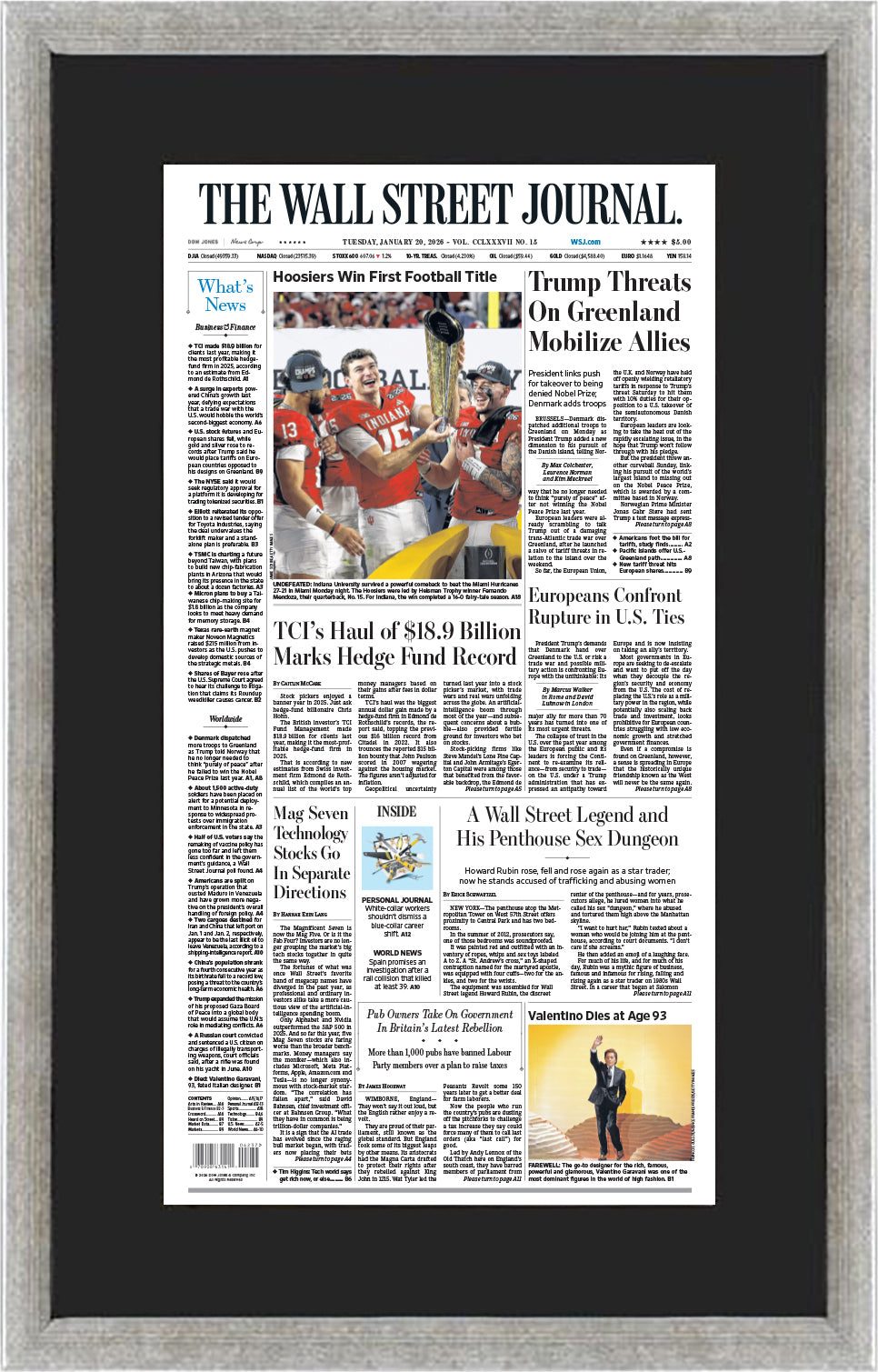Hoosiers Win First Football Title | The Wall Street Journal, Framed Reprint, January 20, 2026
