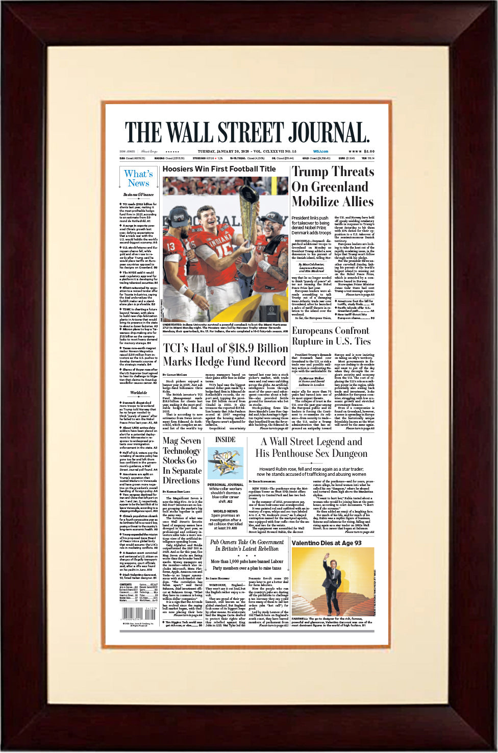 Hoosiers Win First Football Title | The Wall Street Journal, Framed Reprint, January 20, 2026