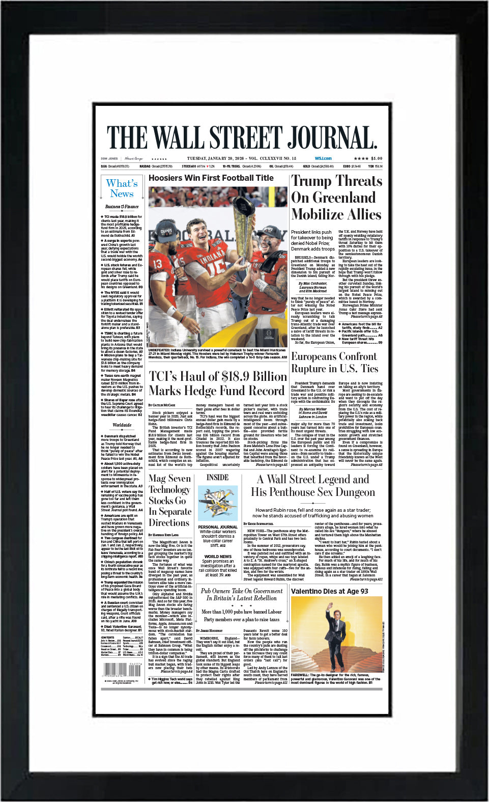 Hoosiers Win First Football Title | The Wall Street Journal, Framed Reprint, January 20, 2026