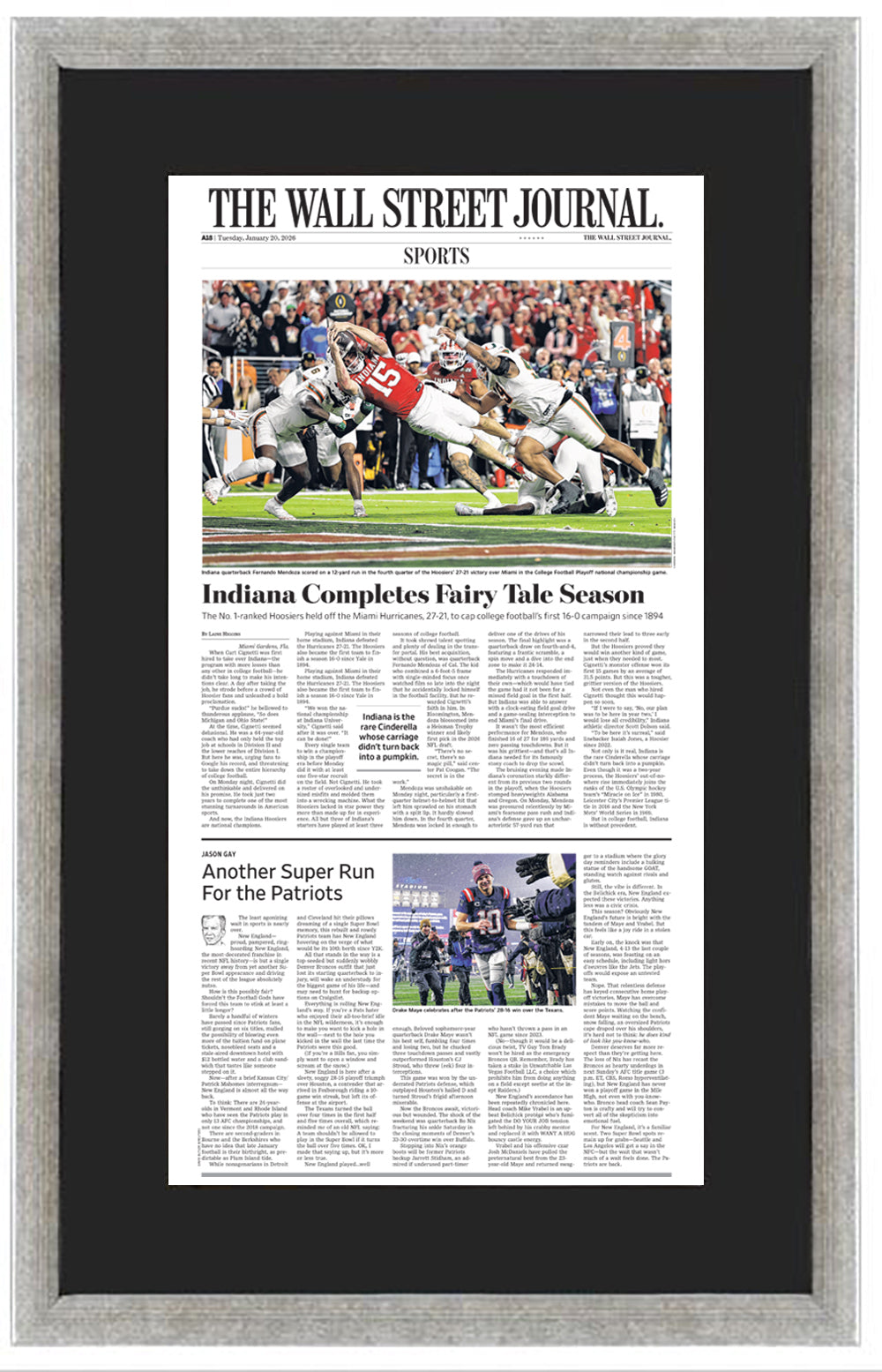 Indiana Completes Fairy Tale Season (Front Page - Sports Section) | The Wall Street Journal, Framed Article Reprint, January 20, 2026