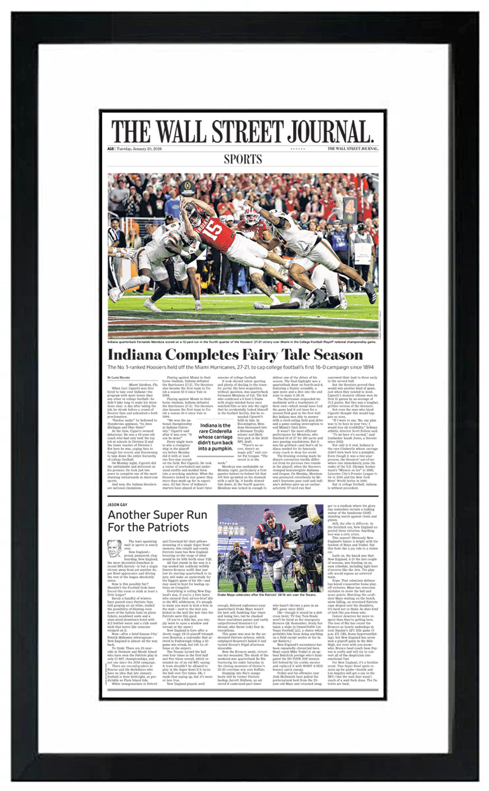 Indiana Completes Fairy Tale Season (Front Page - Sports Section) | The Wall Street Journal, Framed Article Reprint, January 20, 2026