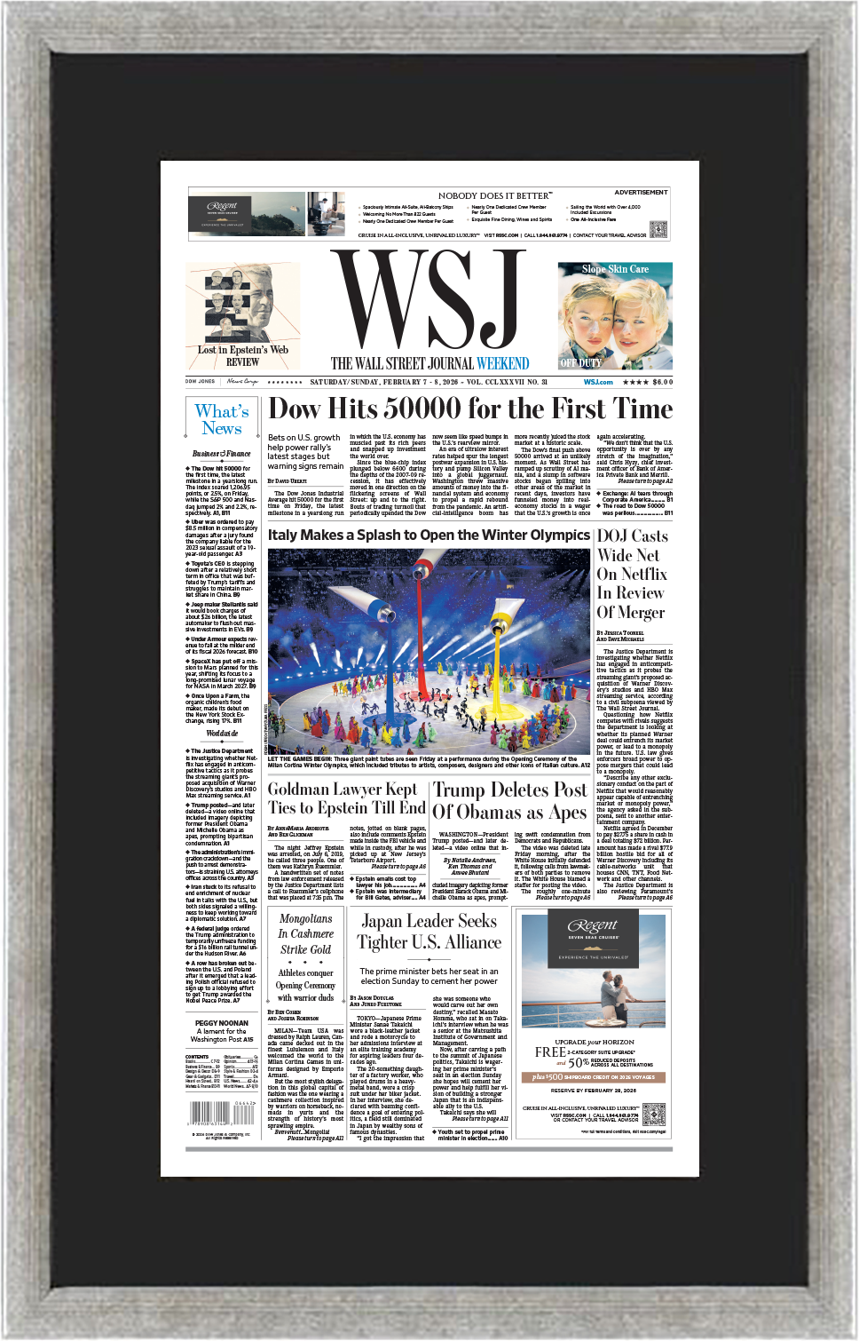Dow Hits 50000 for the First Time | The Wall Street Journal, Framed Reprint, February 7-8, 2026