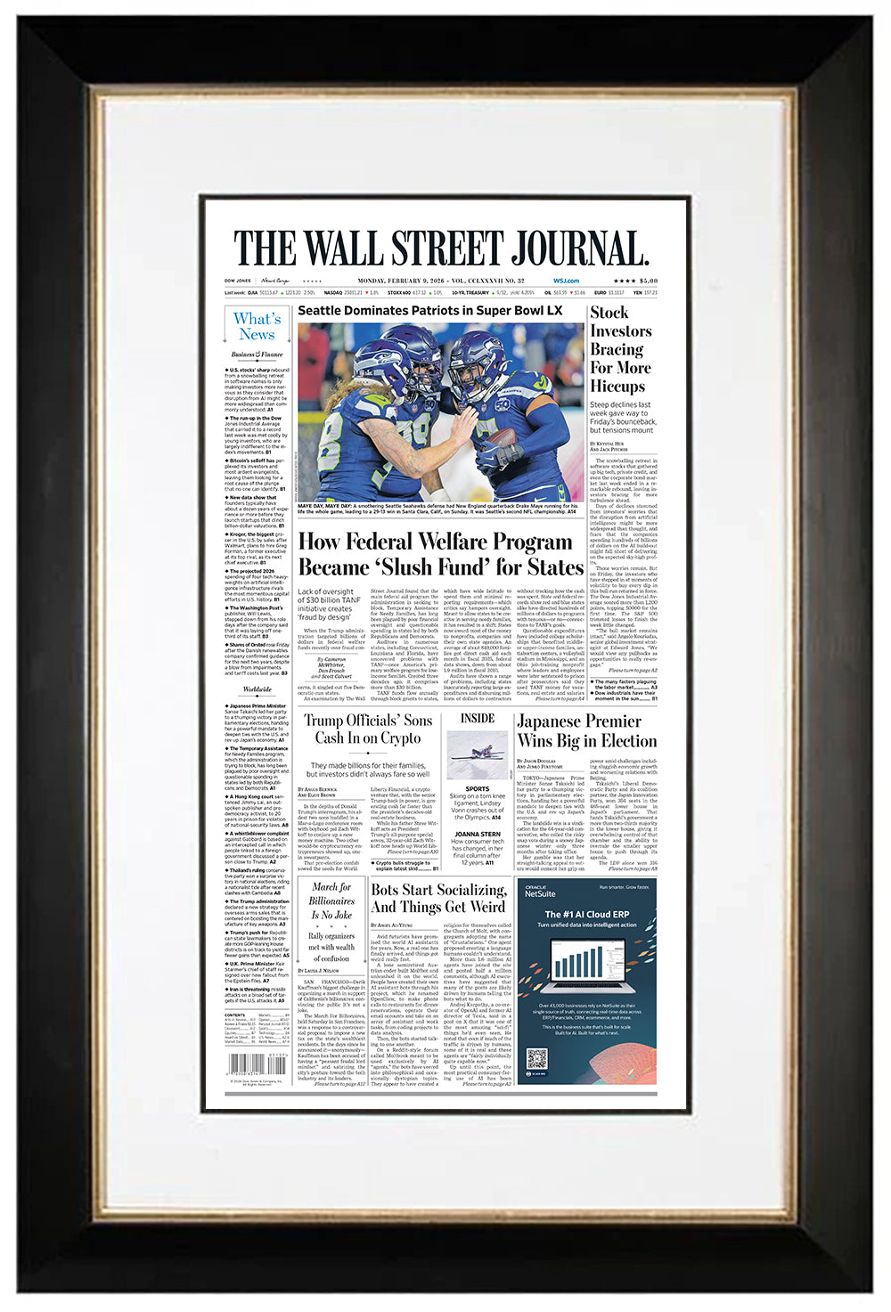 Seattle Dominates Patriots in Super Bowl LX | The Wall Street Journal, Framed Reprint, February 9, 2026
