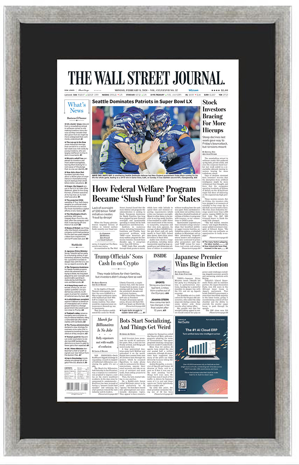 Seattle Dominates Patriots in Super Bowl LX | The Wall Street Journal, Framed Reprint, February 9, 2026