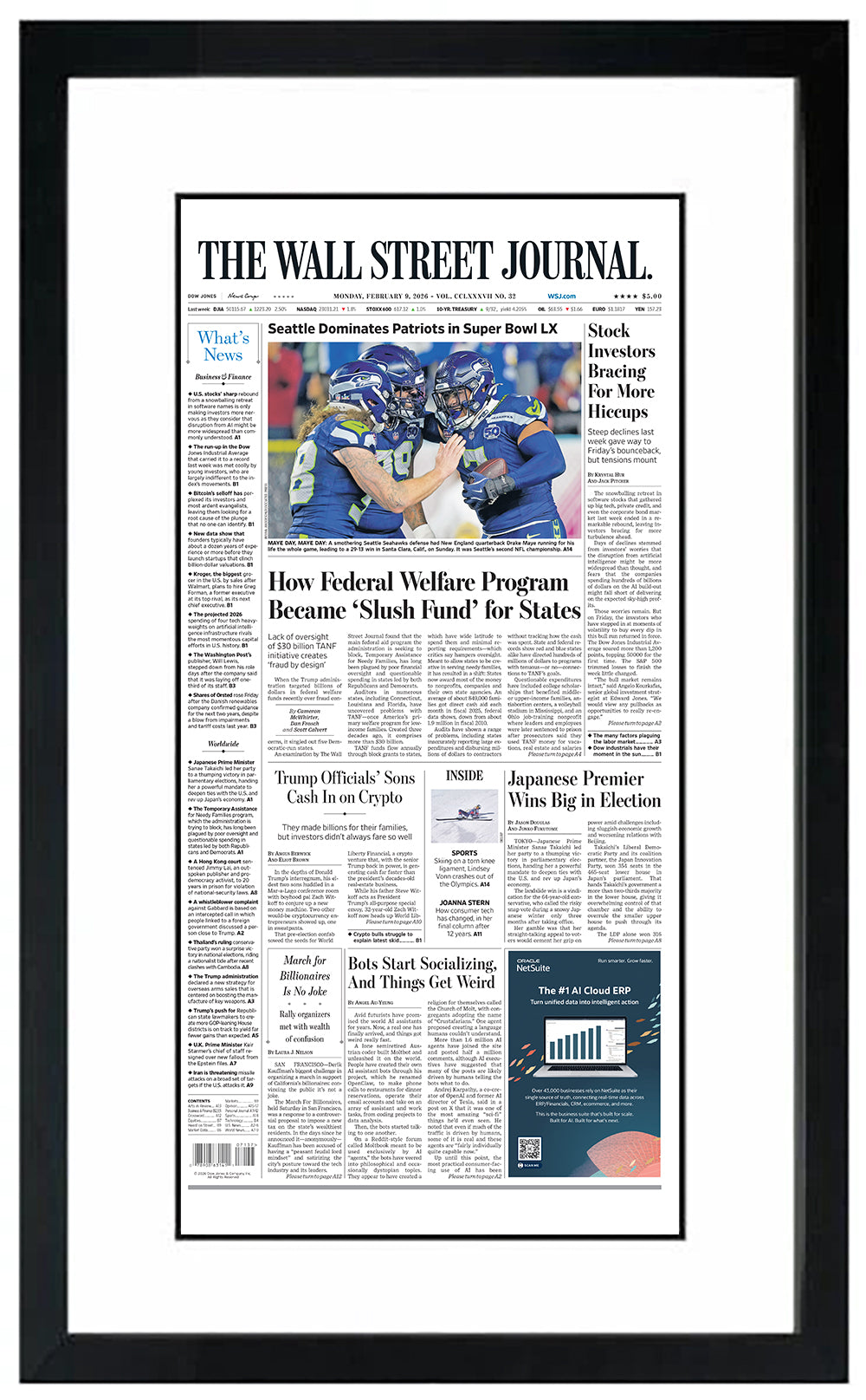 Seattle Dominates Patriots in Super Bowl LX | The Wall Street Journal, Framed Reprint, February 9, 2026