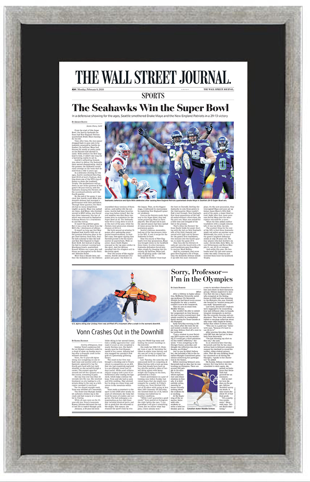 The Seahawks Win the Super Bowl (Front Page - Sports Section) | The Wall Street Journal, Framed Article Reprint, February 9, 2026