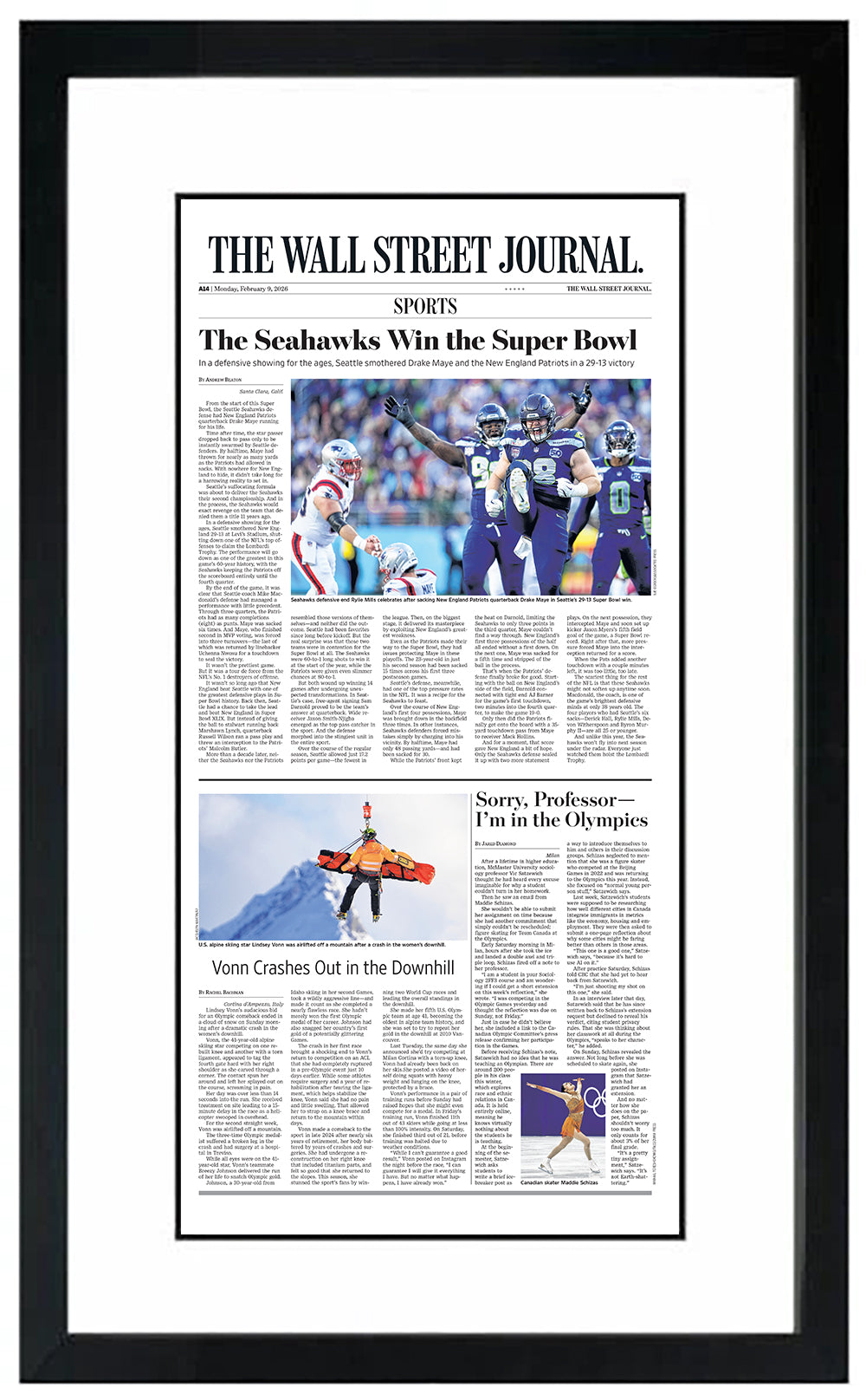 The Seahawks Win the Super Bowl (Front Page - Sports Section) | The Wall Street Journal, Framed Article Reprint, February 9, 2026