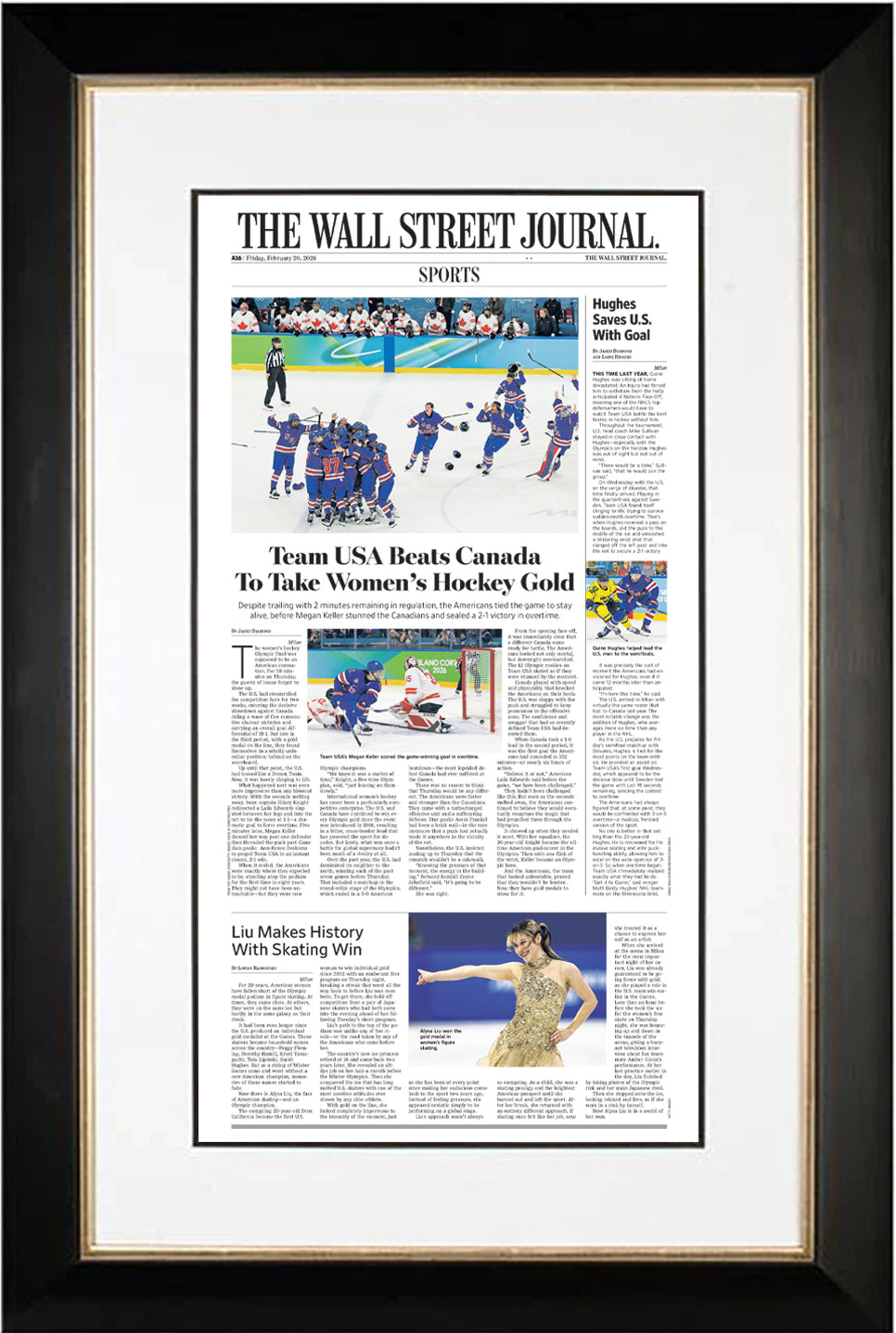 Team USA Beats Canada To Take Women’s Hockey Gold (Front Page - Sports Section) | The Wall Street Journal, Framed Article Reprint, February 20, 2026
