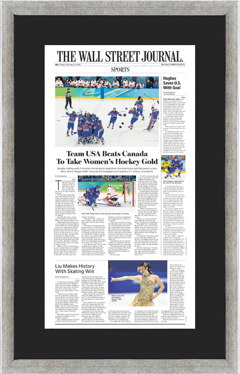 Team USA Beats Canada To Take Women’s Hockey Gold (Front Page - Sports Section) | The Wall Street Journal, Framed Article Reprint, February 20, 2026