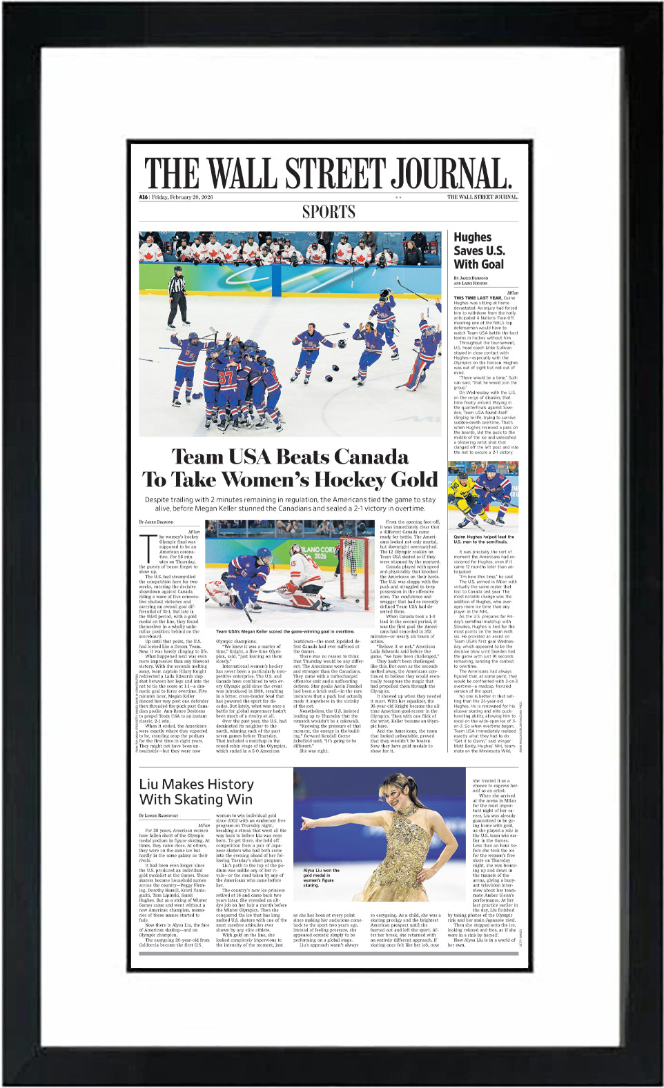 Team USA Beats Canada To Take Women’s Hockey Gold (Front Page - Sports Section) | The Wall Street Journal, Framed Article Reprint, February 20, 2026