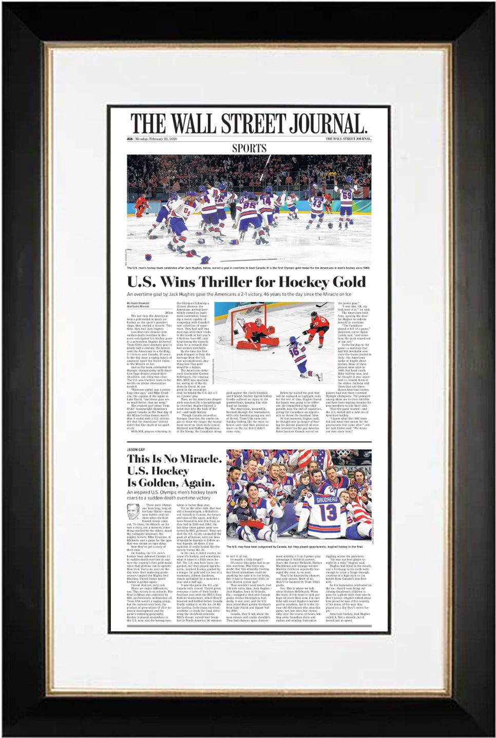 U.S. Wins Thriller for Hockey Gold (Front Page - Sports Section) | The Wall Street Journal, Framed Article Reprint, February 23, 2026