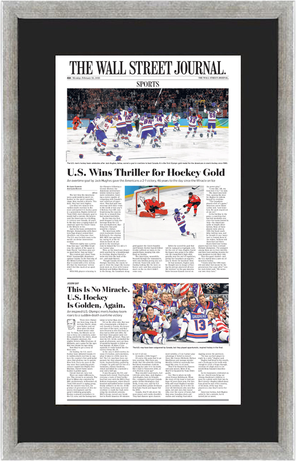 U.S. Wins Thriller for Hockey Gold (Front Page - Sports Section) | The Wall Street Journal, Framed Article Reprint, February 23, 2026