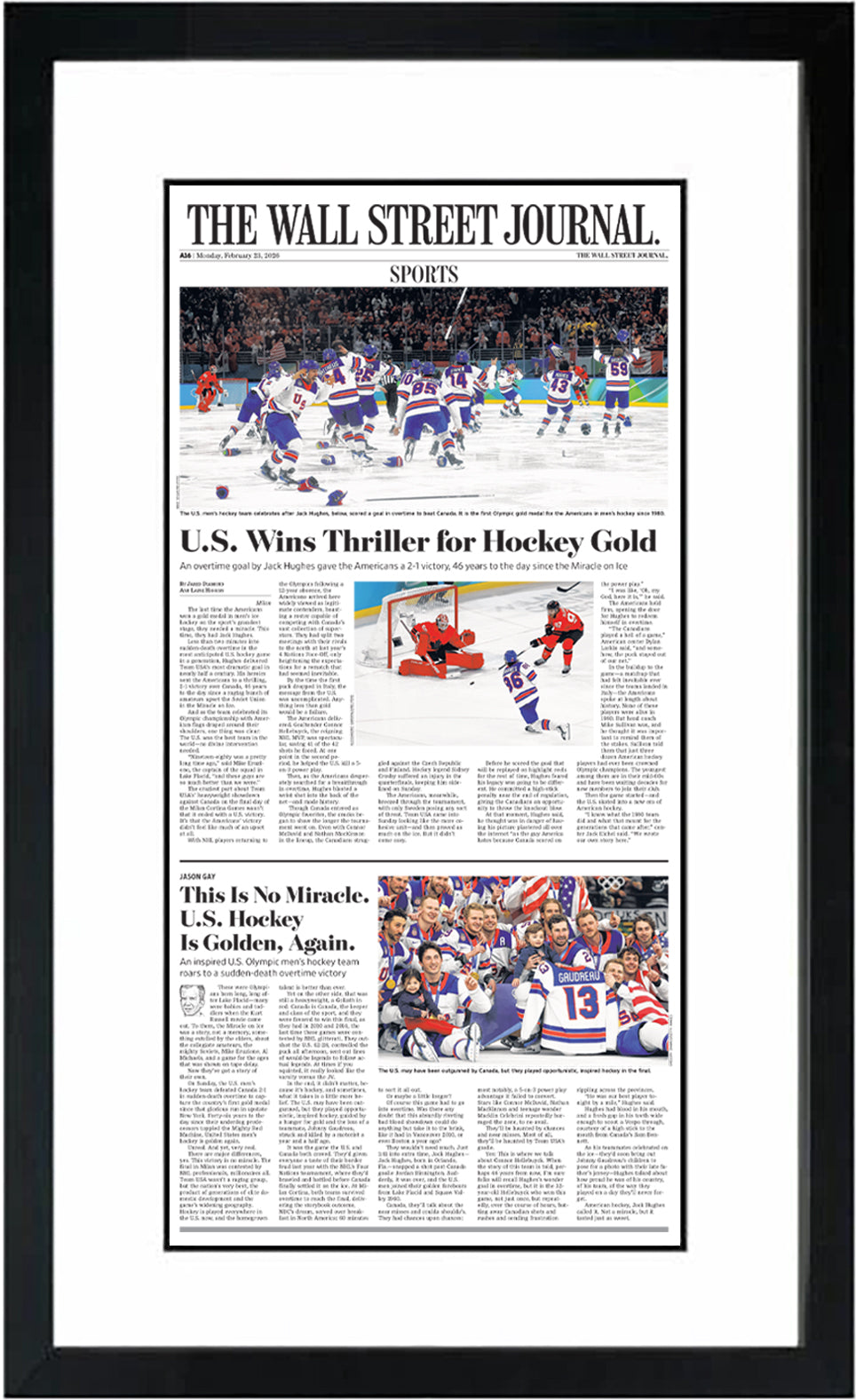 U.S. Wins Thriller for Hockey Gold (Front Page - Sports Section) | The Wall Street Journal, Framed Article Reprint, February 23, 2026