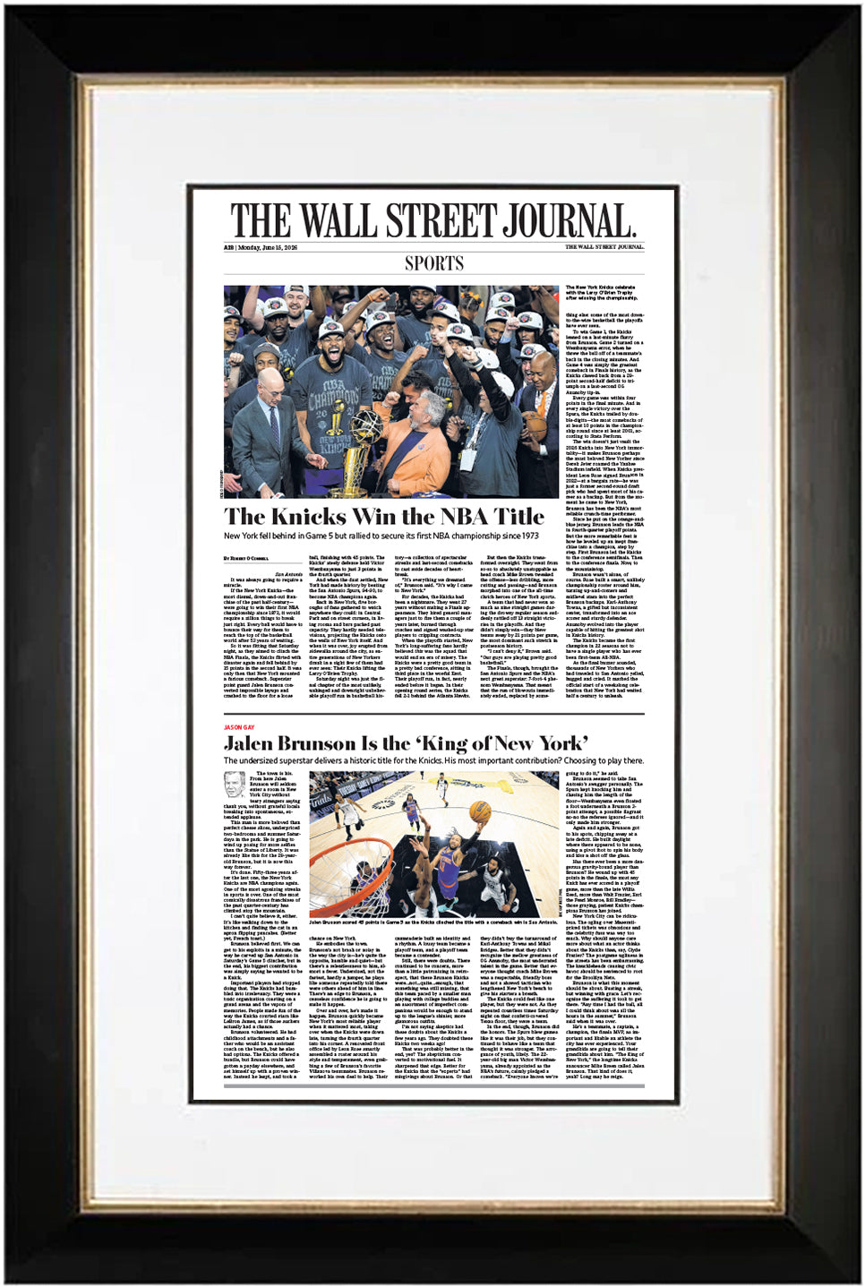 The Knicks Win the NBA Title (Front Page – Sports Section) | The Wall Street Journal, Framed Reprint, June 15, 2026