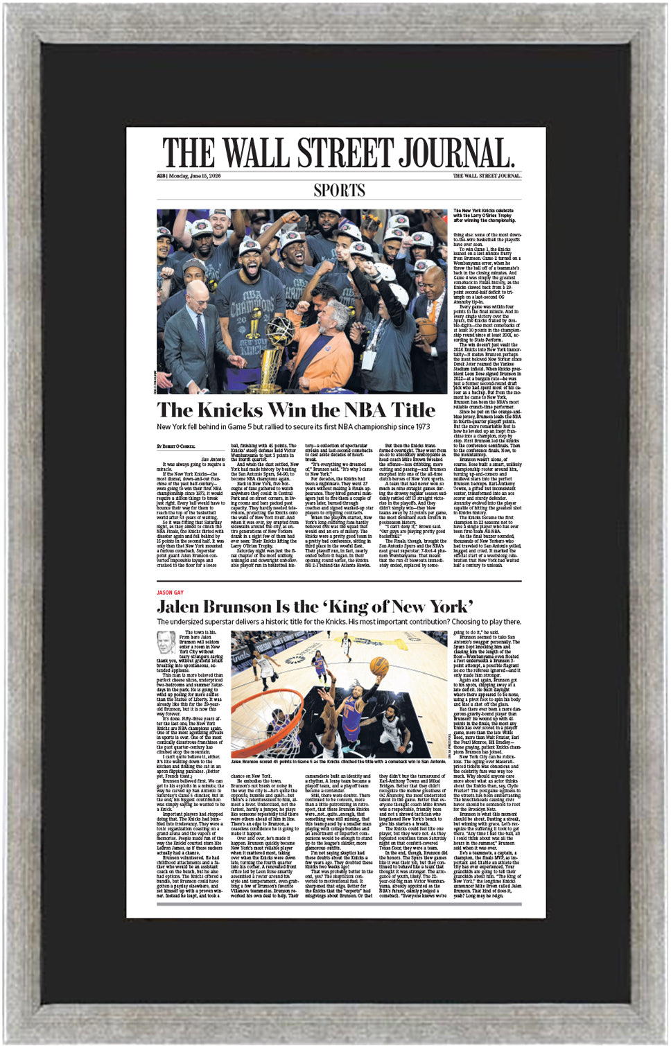 The Knicks Win the NBA Title (Front Page – Sports Section) | The Wall Street Journal, Framed Reprint, June 15, 2026