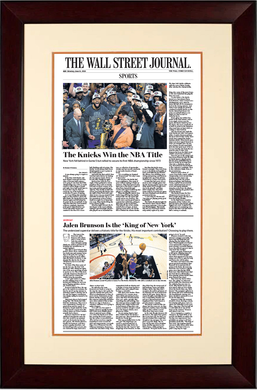 The Knicks Win the NBA Title (Front Page – Sports Section) | The Wall Street Journal, Framed Reprint, June 15, 2026
