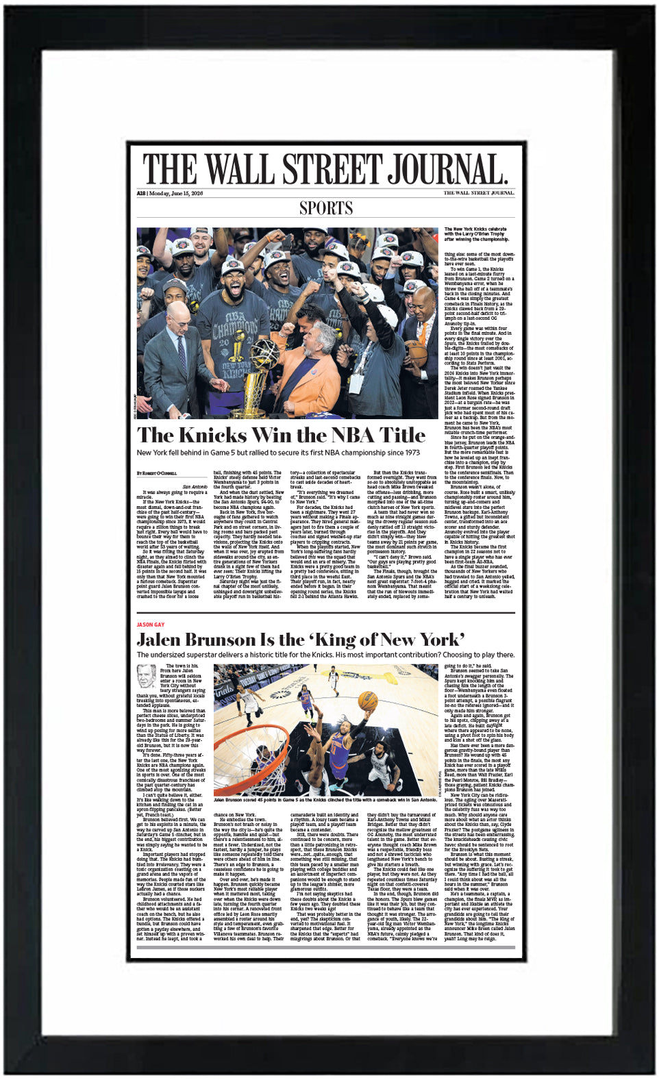 The Knicks Win the NBA Title (Front Page – Sports Section) | The Wall Street Journal, Framed Reprint, June 15, 2026