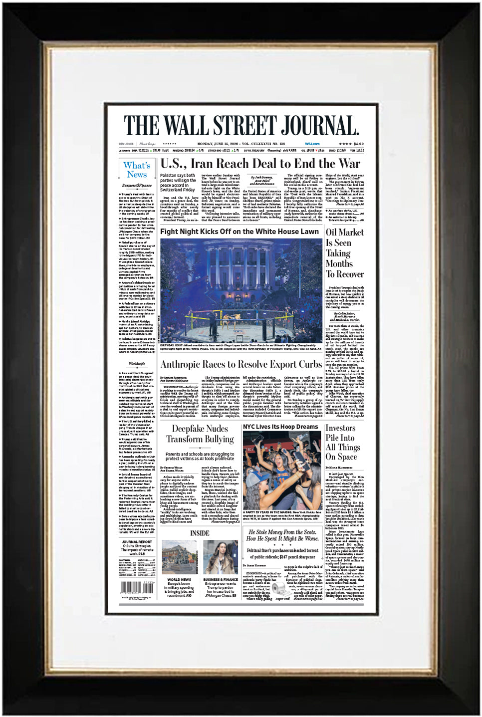 U.S., Iran Reach Deal to End the War & Fight Night Kicks Off on the White House Lawn | The Wall Street Journal, Framed Reprint, June 15, 2026