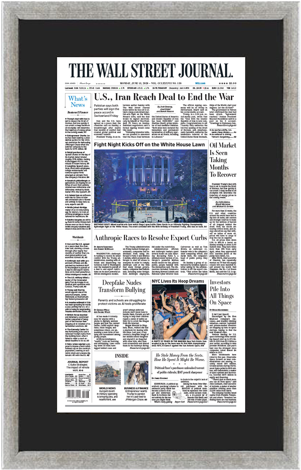 U.S., Iran Reach Deal to End the War & Fight Night Kicks Off on the White House Lawn | The Wall Street Journal, Framed Reprint, June 15, 2026