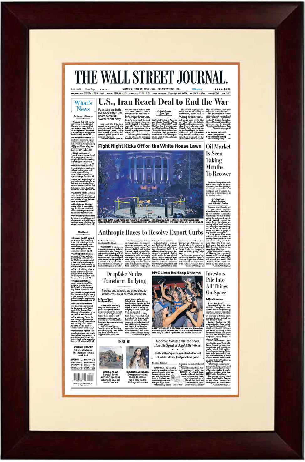 U.S., Iran Reach Deal to End the War & Fight Night Kicks Off on the White House Lawn | The Wall Street Journal, Framed Reprint, June 15, 2026