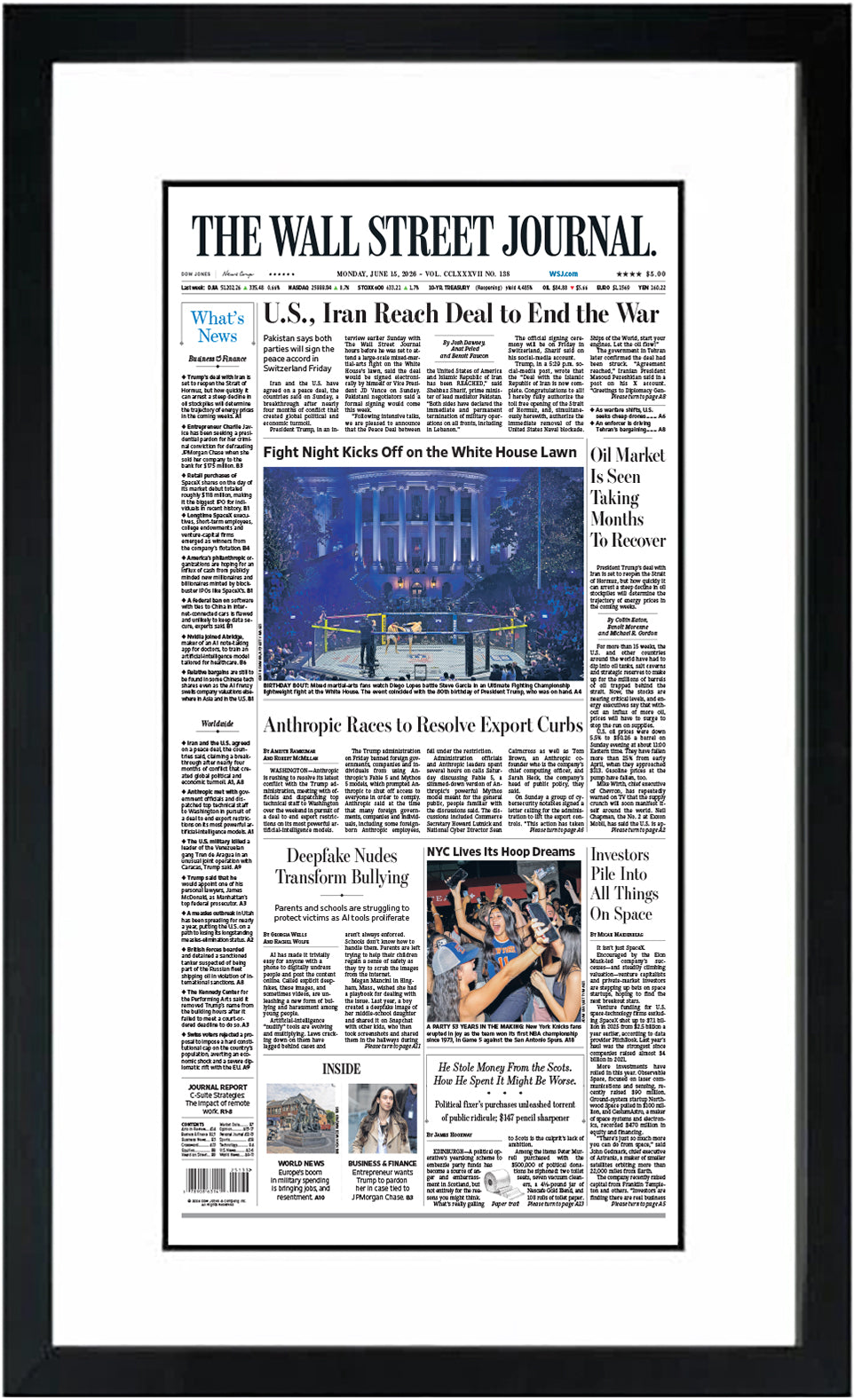 U.S., Iran Reach Deal to End the War & Fight Night Kicks Off on the White House Lawn | The Wall Street Journal, Framed Reprint, June 15, 2026