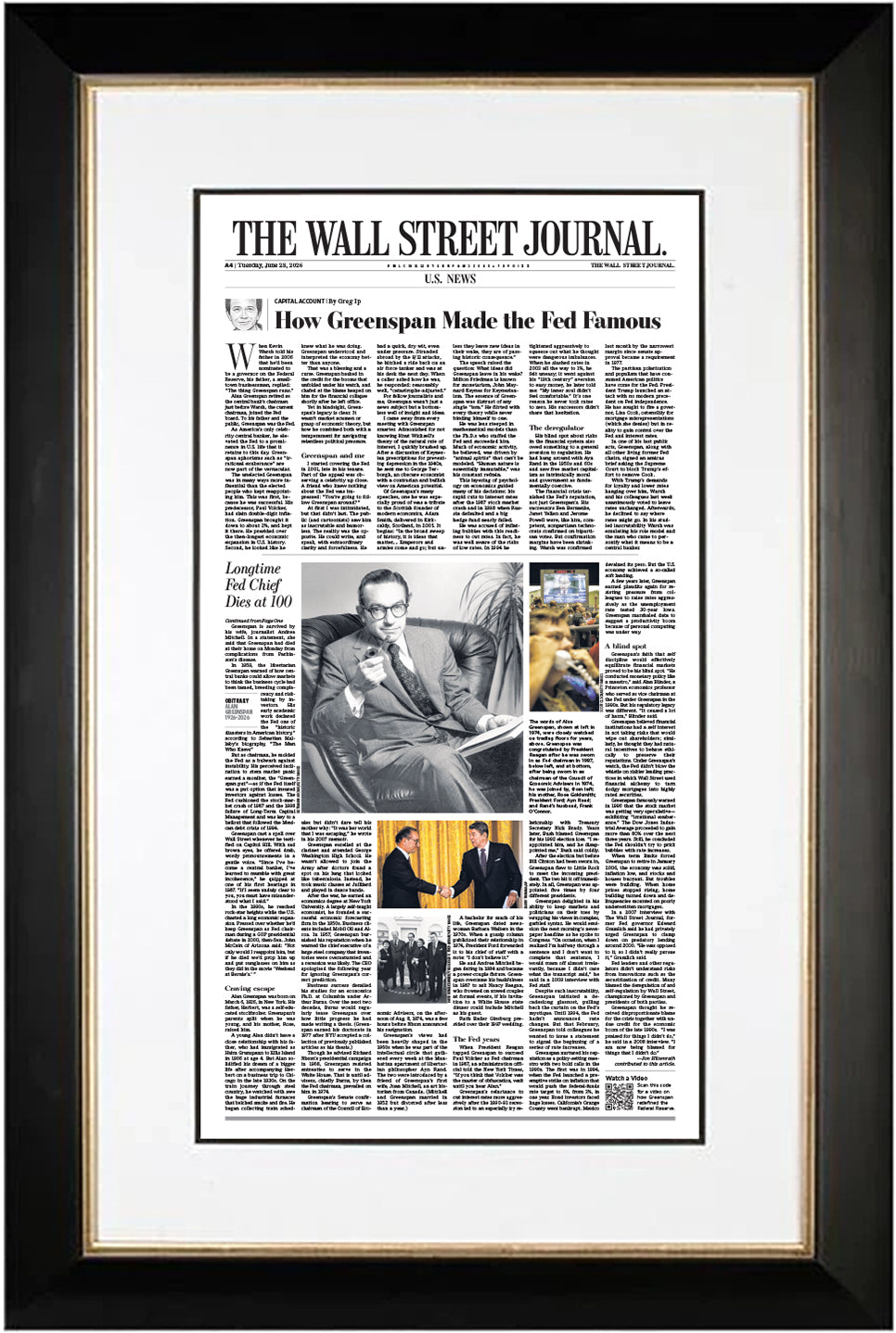 Longtime Fed Chief Dies and How Greenspan Made the Fed Famous | The Wall Street Journal, Framed Reprint, June 23, 2026  | The Wall Street Journal, Framed Reprint, June 15, 2026