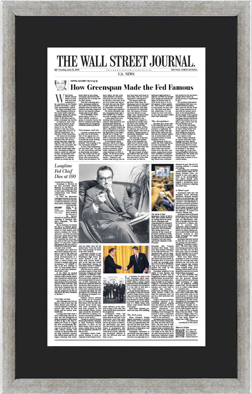 Longtime Fed Chief Dies and How Greenspan Made the Fed Famous | The Wall Street Journal, Framed Reprint, June 23, 2026  | The Wall Street Journal, Framed Reprint, June 15, 2026