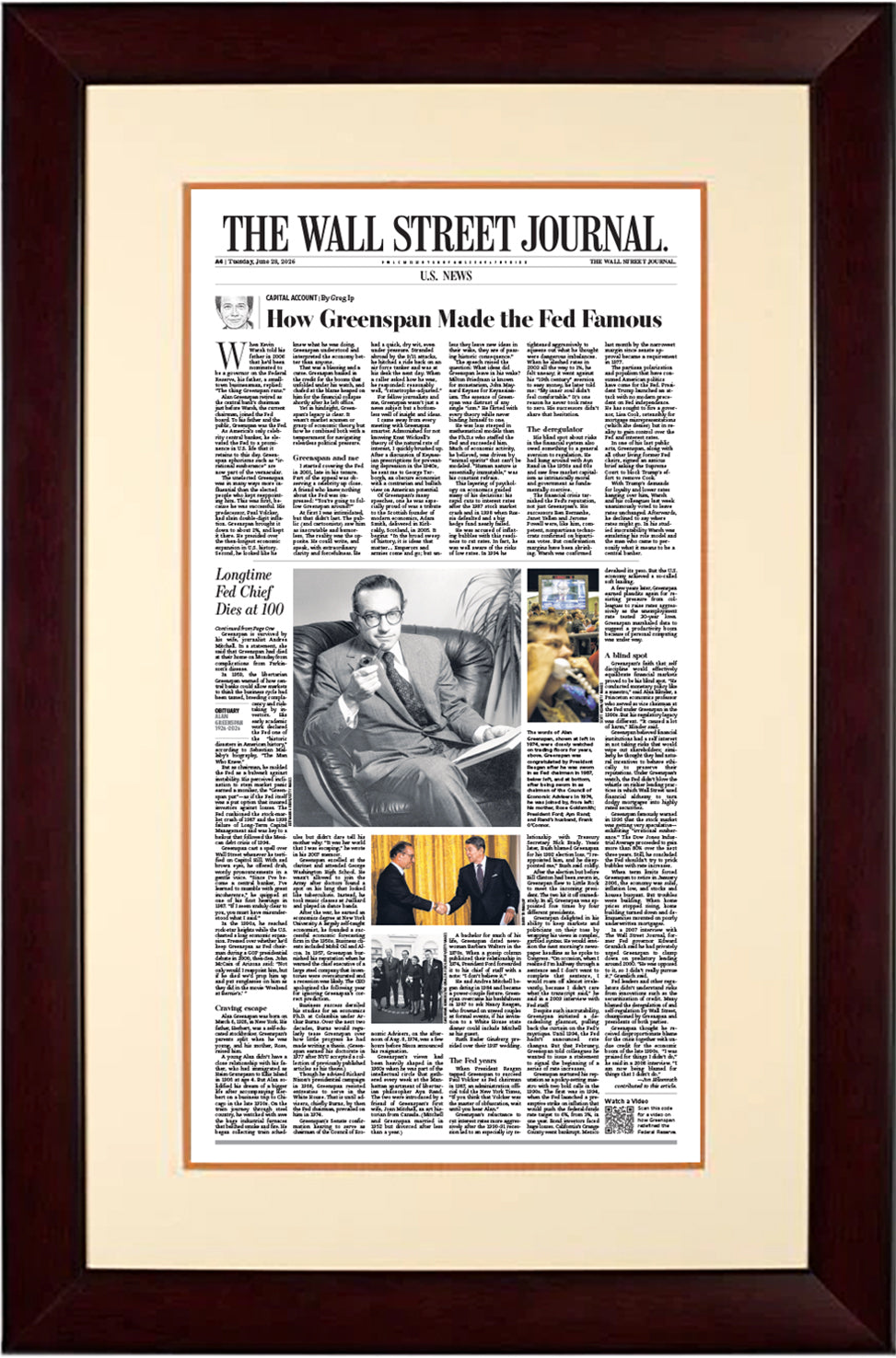 Longtime Fed Chief Dies and How Greenspan Made the Fed Famous | The Wall Street Journal, Framed Reprint, June 23, 2026  | The Wall Street Journal, Framed Reprint, June 15, 2026