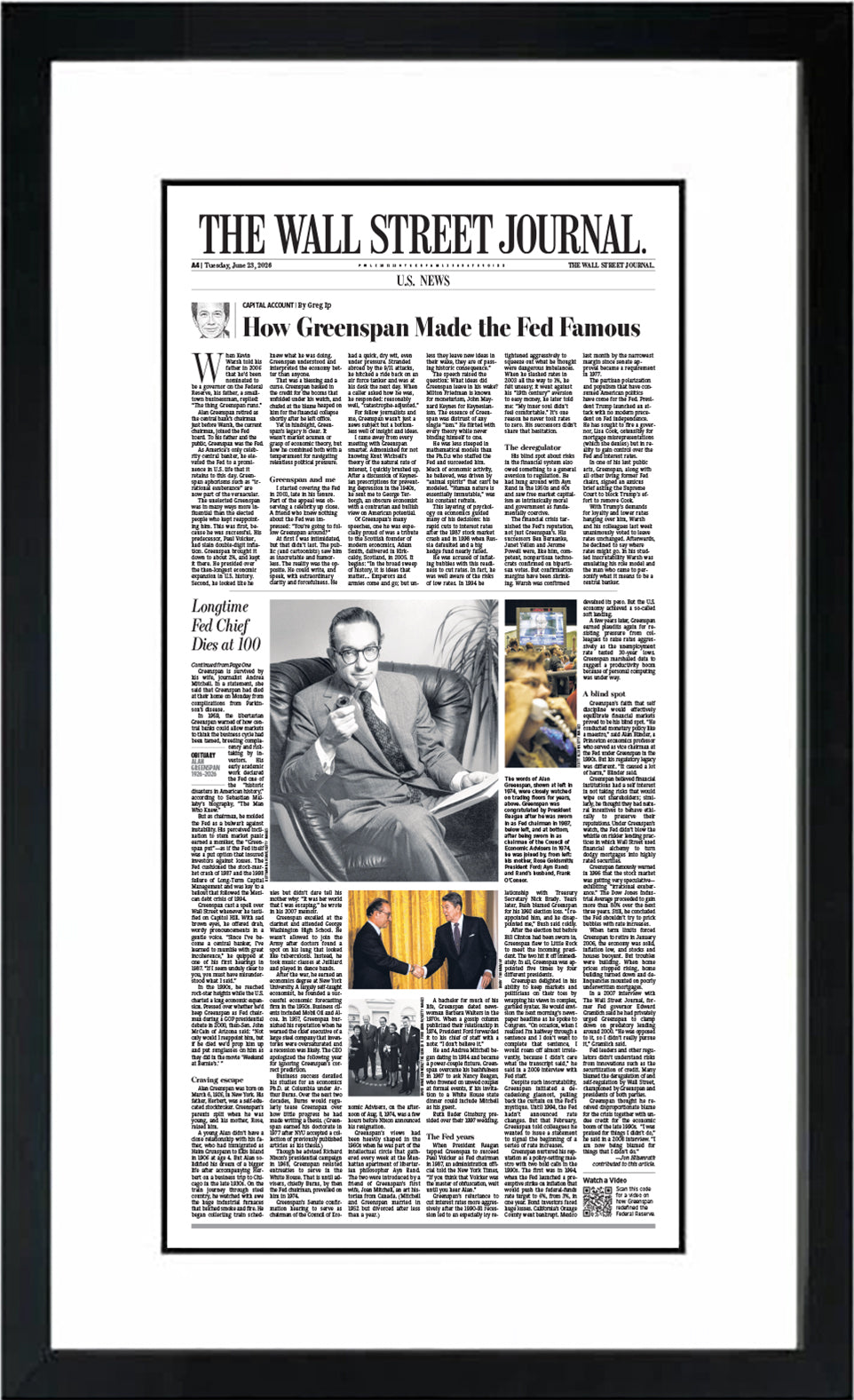 Longtime Fed Chief Dies and How Greenspan Made the Fed Famous | The Wall Street Journal, Framed Reprint, June 23, 2026  | The Wall Street Journal, Framed Reprint, June 15, 2026