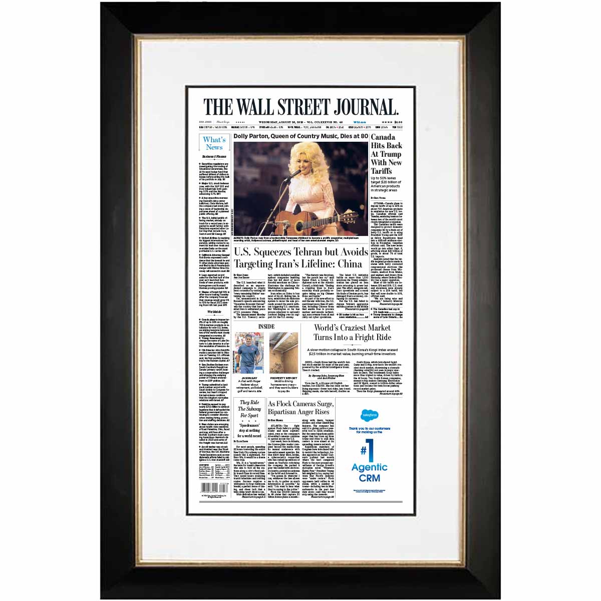 Dolly Parton, Queen of Country Music, Dies at 80 | The Wall Street Journal, Framed Reprint, August 26, 2026
