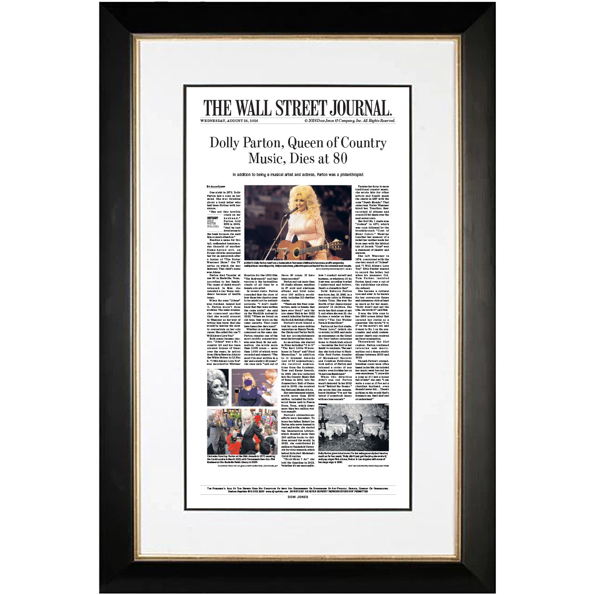 Feature Article - Dolly Parton, Queen of Country Music, Dies at 80 | The Wall Street Journal, Framed Reprint, August 26, 2026