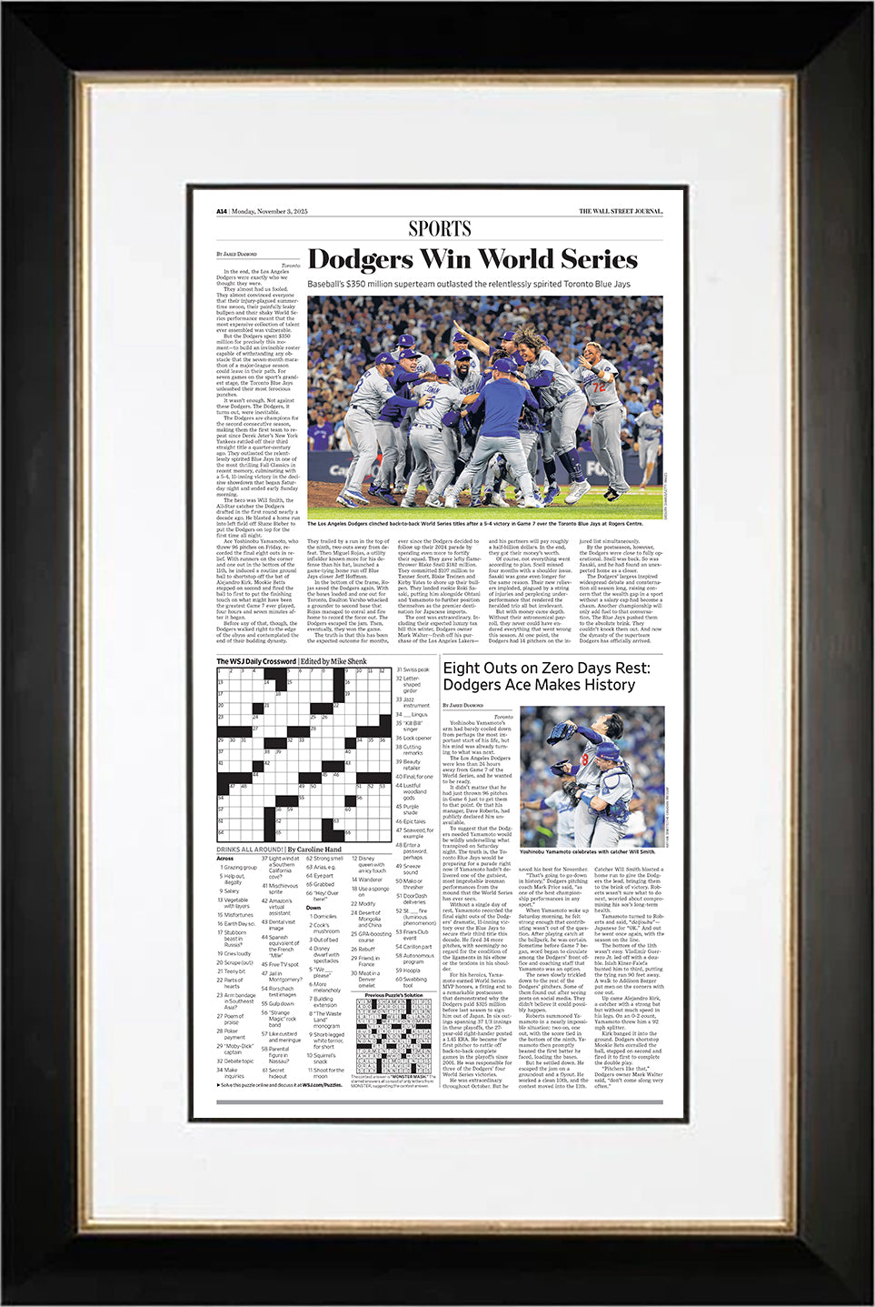 Dodgers Win World Series (Front Page - Sports Section) | The Wall Street Journal, Framed Reprint, November 3, 2025
