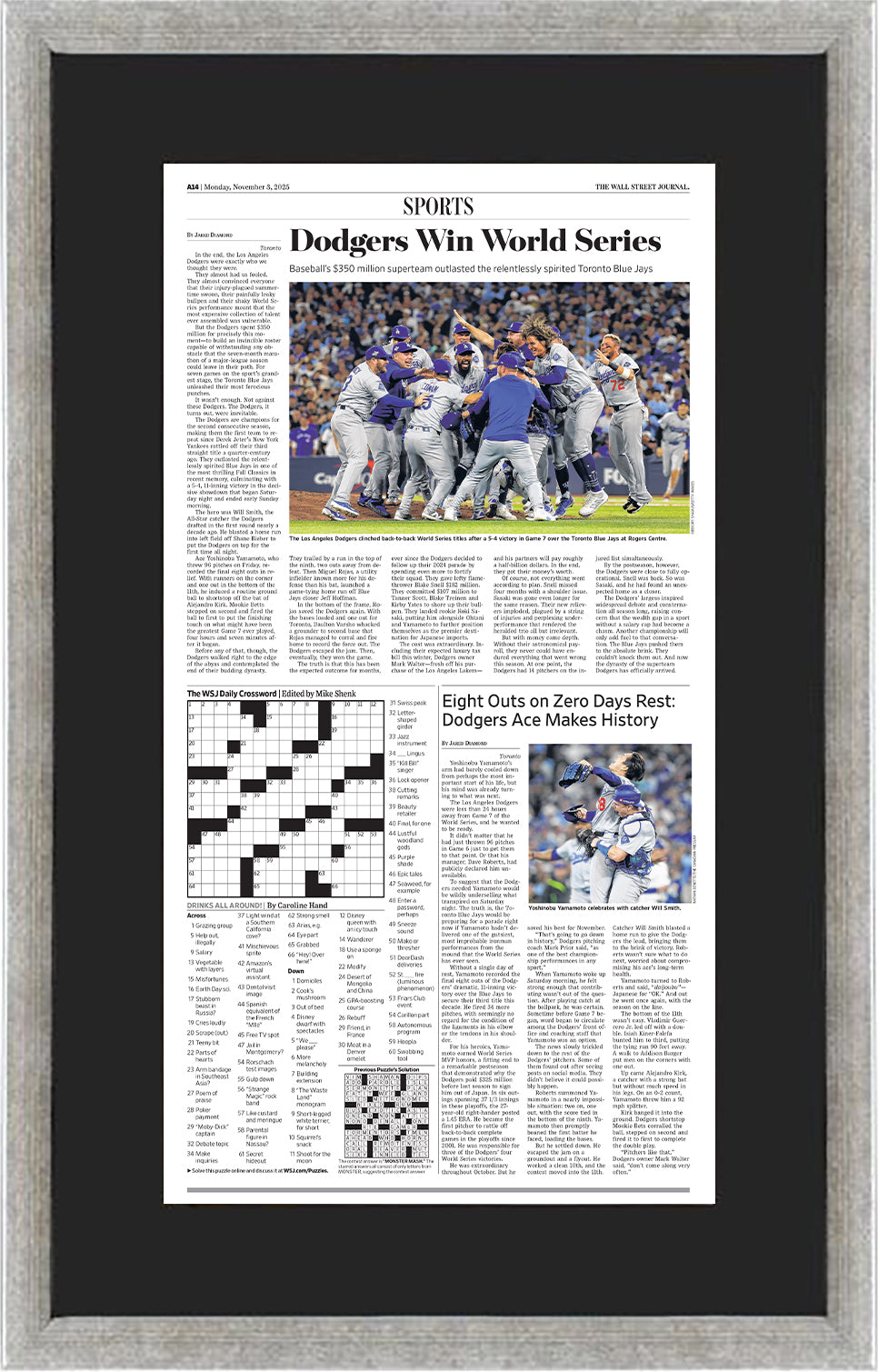 Dodgers Win World Series (Front Page - Sports Section) | The Wall Street Journal, Framed Reprint, November 3, 2025