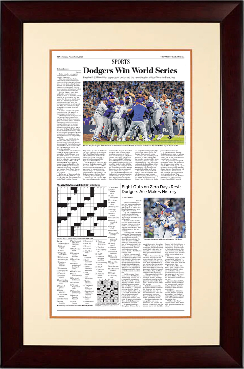 Dodgers Win World Series (Front Page - Sports Section) | The Wall Street Journal, Framed Reprint, November 3, 2025