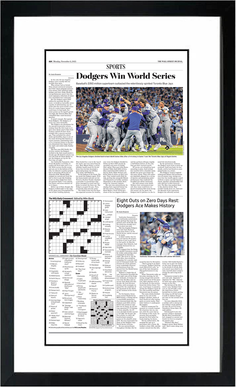 Dodgers Win World Series (Front Page - Sports Section) | The Wall Street Journal, Framed Reprint, November 3, 2025