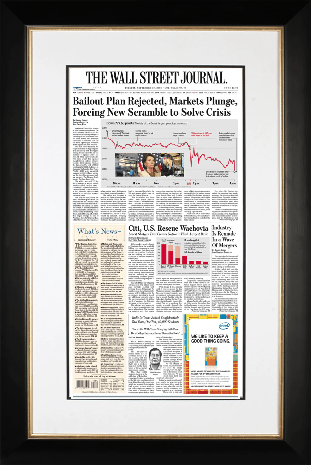 2008 Market Plunge | The Wall Street Journal Framed Reprint, September 30, 2008