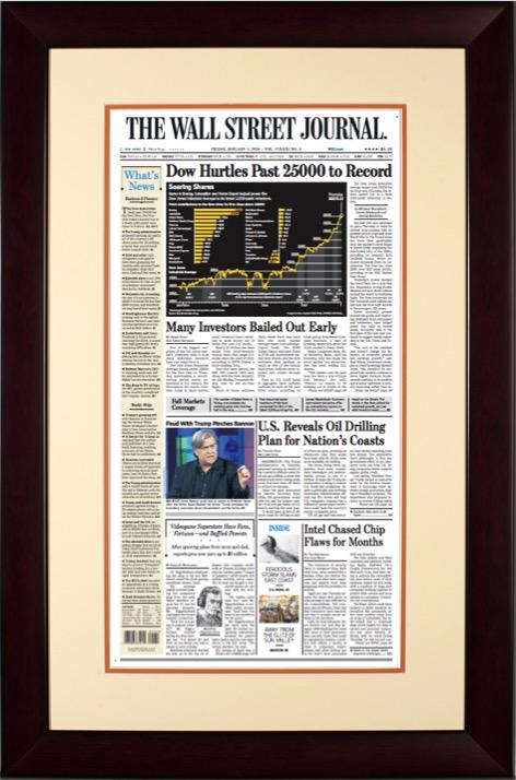 Dow Hurdles Past 25000 to Record | Wall Street Journal Framed Reprint, January 5, 2018