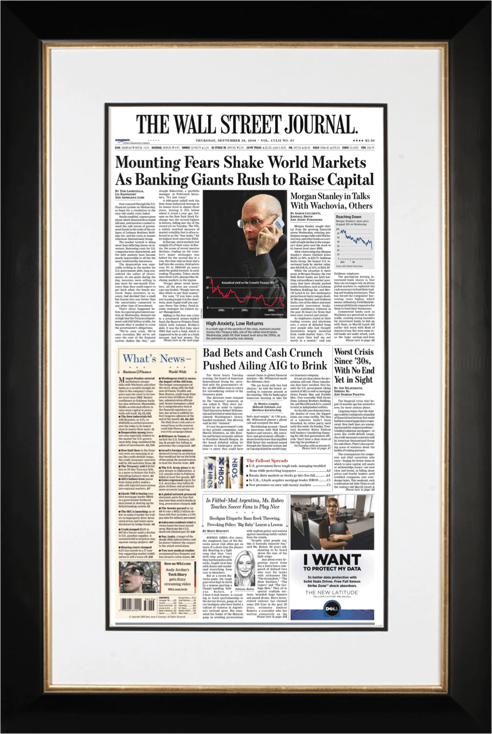 Fears Shake Markets | The Wall Street Journal, Framed Reprint, September 18, 2008
