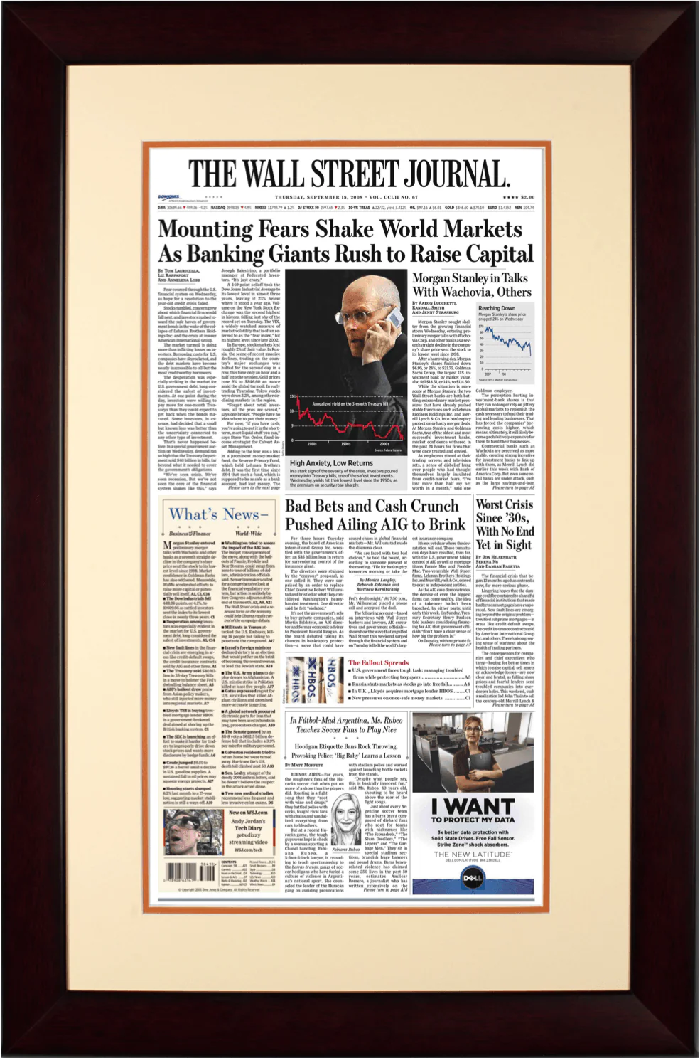 Fears Shake Markets | The Wall Street Journal, Framed Reprint, September 18, 2008