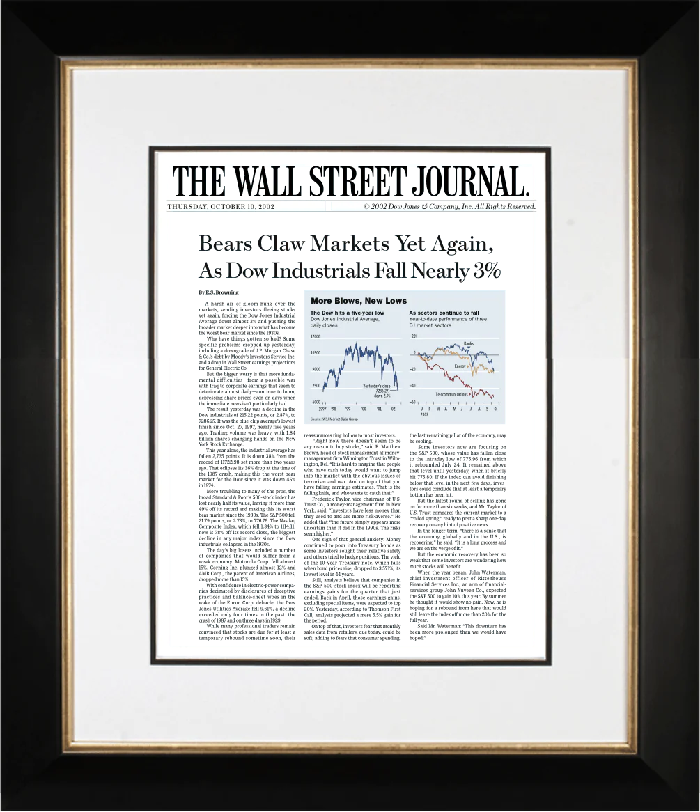 End of Dot-Com Bubble | The Wall Street Journal, Framed Article Reprint, Oct. 10, 2002