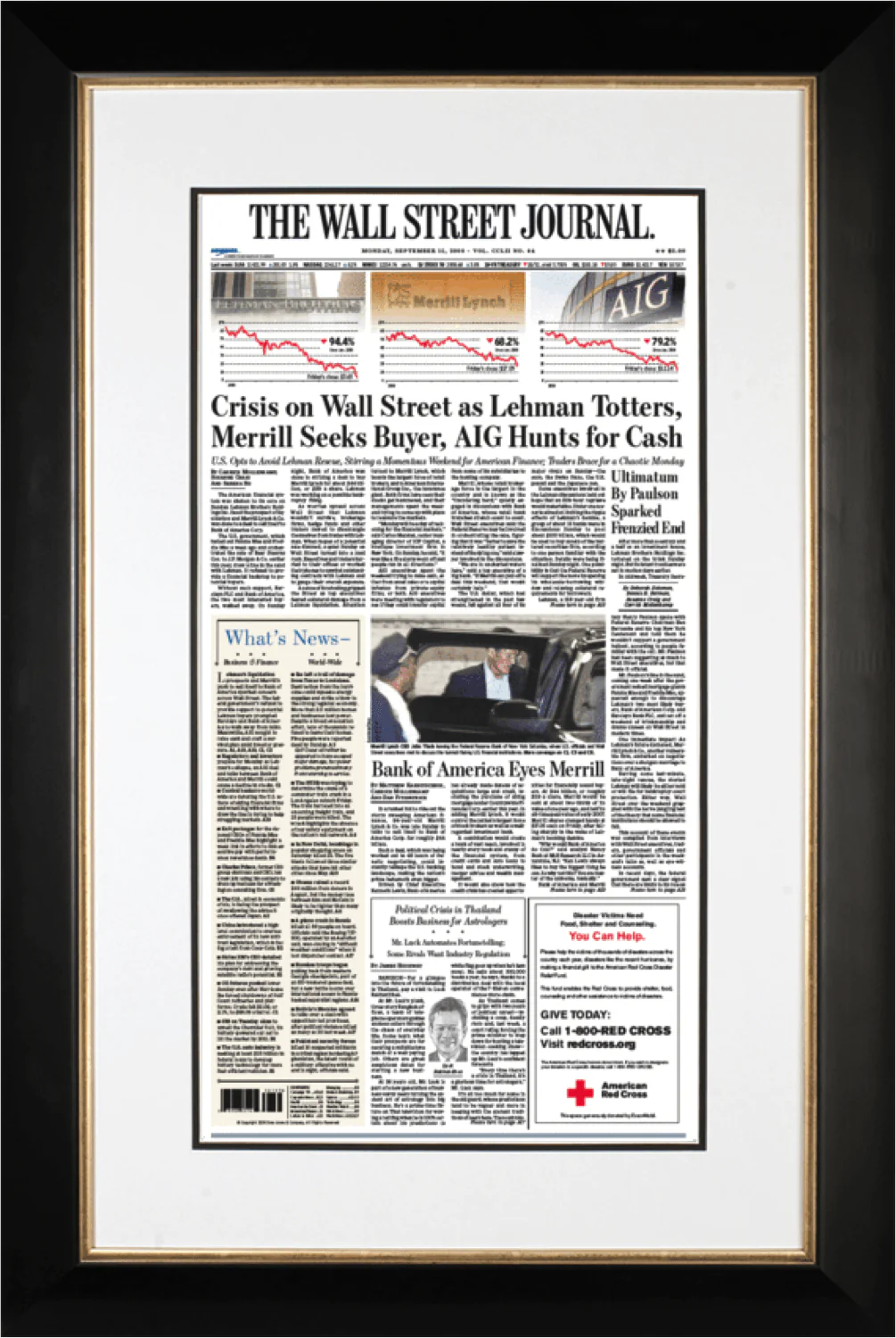 Wall Street Crisis: Lehman Merrill AIG | The Wall Street Journal Framed Reprint, September 15, 2008