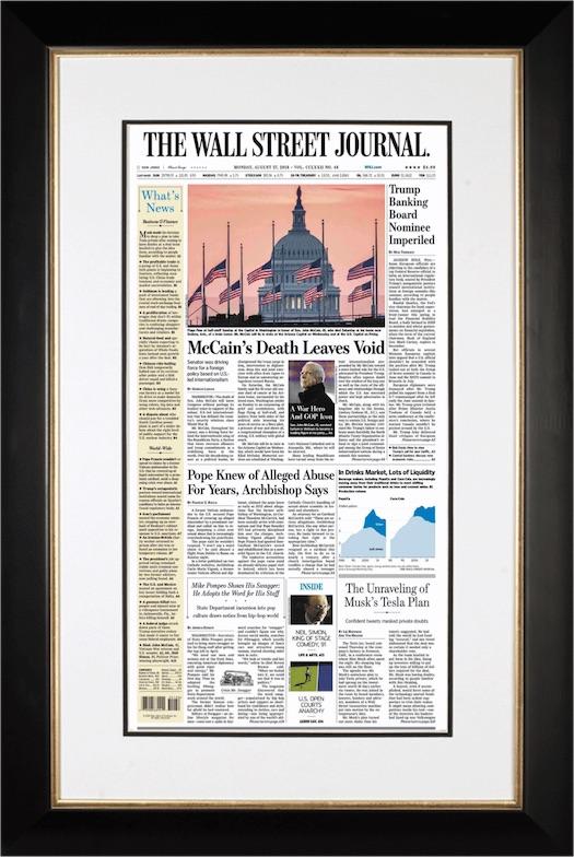 McCain's Death | The Wall Street Journal, Framed Reprint, Aug. 27, 2018
