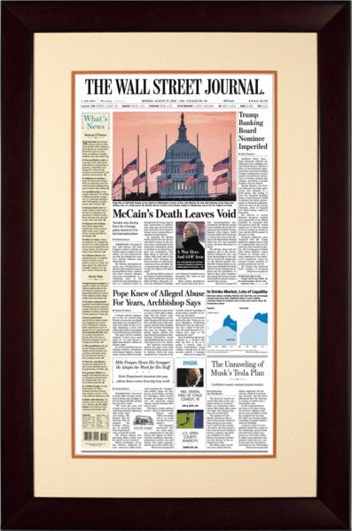 McCain's Death | The Wall Street Journal, Framed Reprint, Aug. 27, 2018