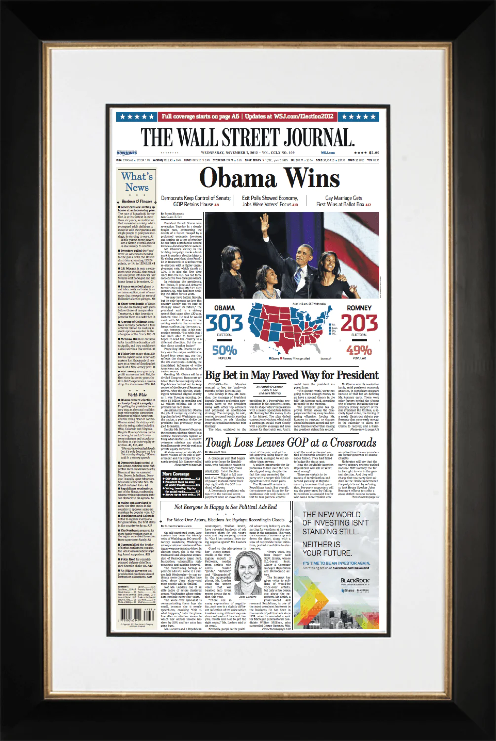 Obama Wins / Election 2012 | The Wall Street Journal Framed Reprint, November 7, 2012